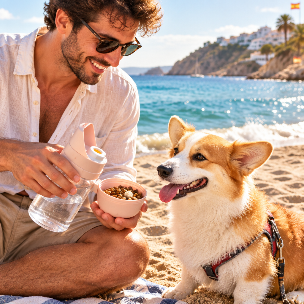 Hombre en la playa con corgi y la botella real